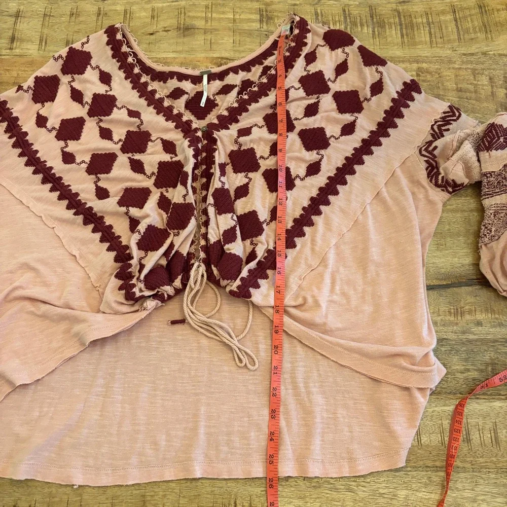 Free People Hometown Tie Front Sweater Top S Embroidered Boho Peasant Oversized